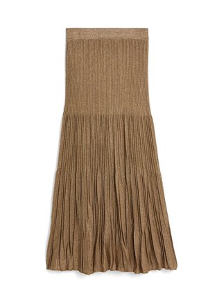 Jupe côtelée, longueur genou en bronze métallique, avec une taille ajustée et un design plissé pour plus de texture et de volume.