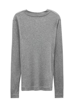 Graues Longsleeve-Shirt mit Rundhalsausschnitt, aus weichem Stoff, mit flachen Nähten und einem lockeren Schnitt. Die Rückseite ist glatt und schlicht.