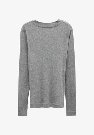 Graues Longsleeve-Shirt mit Rundhalsausschnitt, aus weichem Stoff, mit flachen Nähten und einem lockeren Schnitt. Die Rückseite ist glatt und schlicht.