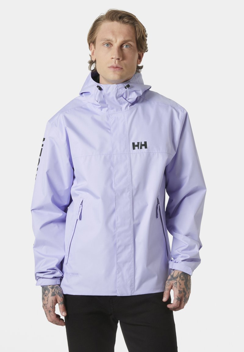 Light purple waterproof jacket with a hood, featuring a black logo on the chest and sleeve, two front pockets, and elastic cuffs.