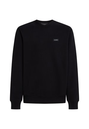 Black sweatshirt made of soft cotton blend, featuring a crew neck, long sleeves, ribbed cuffs and hem, with a small logo patch on the chest.