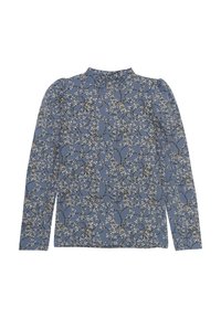 Langärmlige Bluse in Blau mit einem Blumenmuster in Weiß und schwarzen Akzenten. Hoher Kragen und geraffte Schultern sorgen für eine strukturierte Optik.