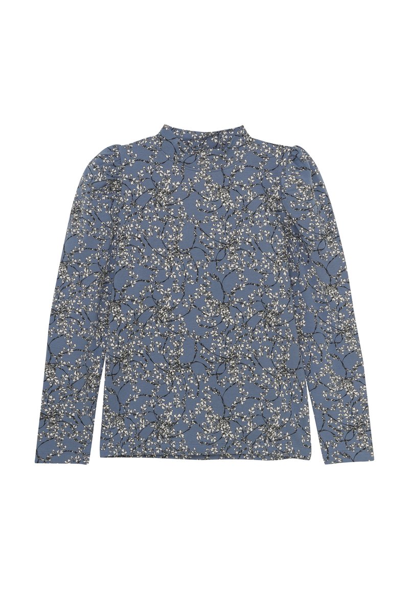 Langärmlige Bluse in Blau mit einem Blumenmuster in Weiß und schwarzen Akzenten. Hoher Kragen und geraffte Schultern sorgen für eine strukturierte Optik.