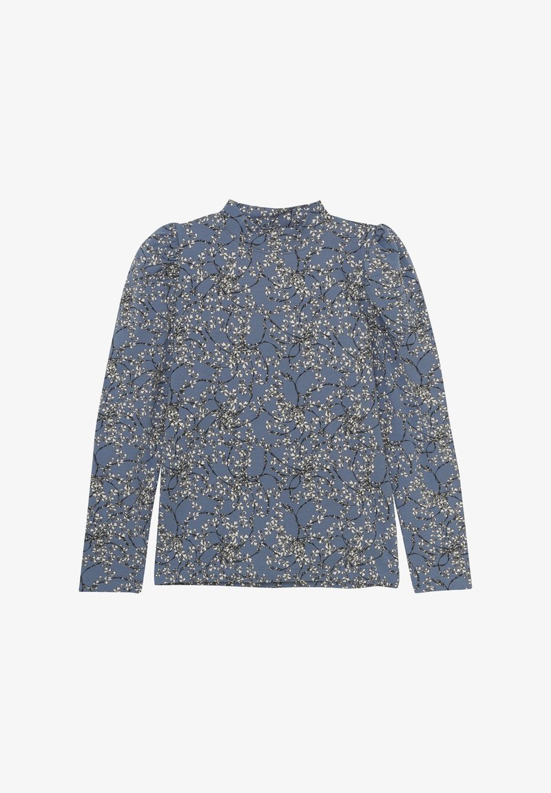Langärmlige Bluse in Blau mit einem Blumenmuster in Weiß und schwarzen Akzenten. Hoher Kragen und geraffte Schultern sorgen für eine strukturierte Optik.
