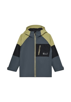 Farveopdelt jakke med grå, olivengrønne og sorte paneler. Den har lynlås foran, hætte og brystlomme med lynlås. Blød tekstur.
