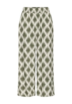 Laiade lõikega püksid elastse vöökohaga, mis on valmistatud kergest kangast ja millel on rohevalge ebaühtlase rombikujulise mustriga muster.