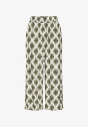 Pantaloni evazați cu talie elastică, având un model neregulat de diamante verzi și albe pe un material ușor.