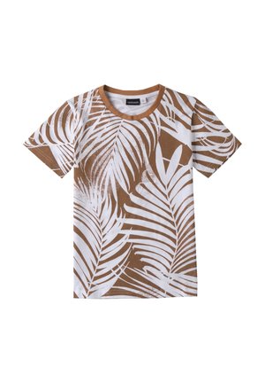 T-shirt marron à manches courtes avec motif de feuilles de palmier blanches. Conception à col rond, texture douce et coupe décontractée.