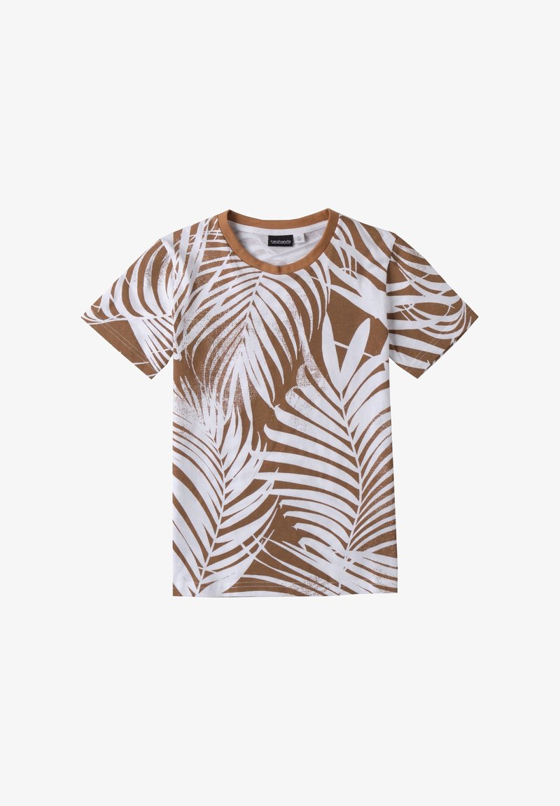 Camiseta de manga corta marrón con patrón de hojas de palma blancas. Diseño de cuello redondo, textura suave y corte relajado.