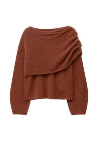 Rust-colored cropped sweater made of soft, textured material with a draped design on one shoulder and long sleeves.