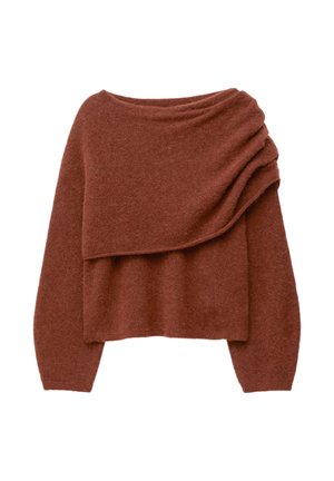Kupferfarbener, kurzer Pullover aus weichem, strukturiertem Material mit einem drapierten Design an einer Schulter und langen Ärmeln.