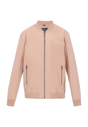 Hellrosa Bomberjacke aus glattem Stoff, mit Frontreißverschluss, gerippten Bündchen, zwei seitlichen Reißverschlusstaschen und einem kleinen Logo-Akzent.