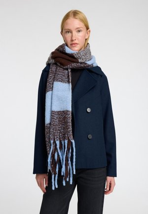 Geverfd gebreide sjaal met blauwe en bruine strepen, elegant om de nek gedrapeerd, met lange franjes aan de uiteinden.