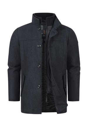 Dunkelgraue Jacke aus strukturiertem Stoff, mit Stehkragen, Knopfverschluss, seitlichen Taschen und einem teilweise offenen Vorderteil.