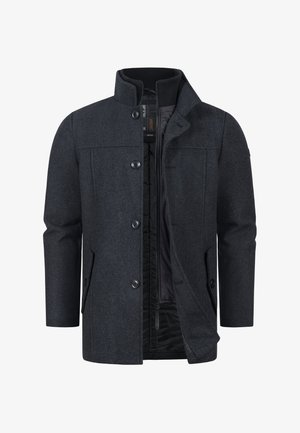 Ciemnoszara kurtka wykonana z teksturowanej tkaniny, z stójką, zapięciem na guziki, bocznymi kieszeniami oraz częściowo otwartym przodem.