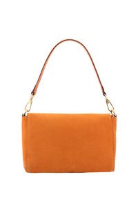 Orangene Wildleder-Handtasche mit rechteckiger Form, einem einzelnen Henkel und goldfarbenen Beschlägen. Glatte Textur und minimalistisches Design.