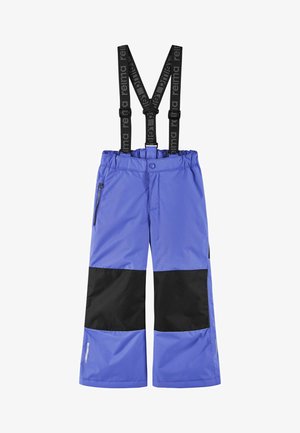 Fioletowe spodnie śniegowe z czarnymi dolnymi panelami, regulowanymi szelkami, kieszeniami bocznymi oraz konstrukcją z wodoodpornego materiału.
