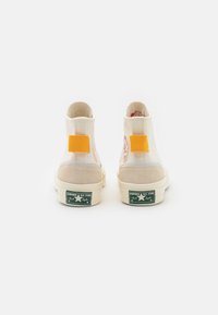 Pár bílých vysokých tenisek Converse viděných zezadu, s oranžovými úchytkami a zelenými štítky "Converse All Star" na podrážkách.