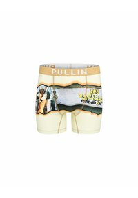 Caleçons beiges avec une impression graphique de skieurs à l'avant, dotés d'une ceinture élastique jaune portant le label "PULLIN". Texture lisse.