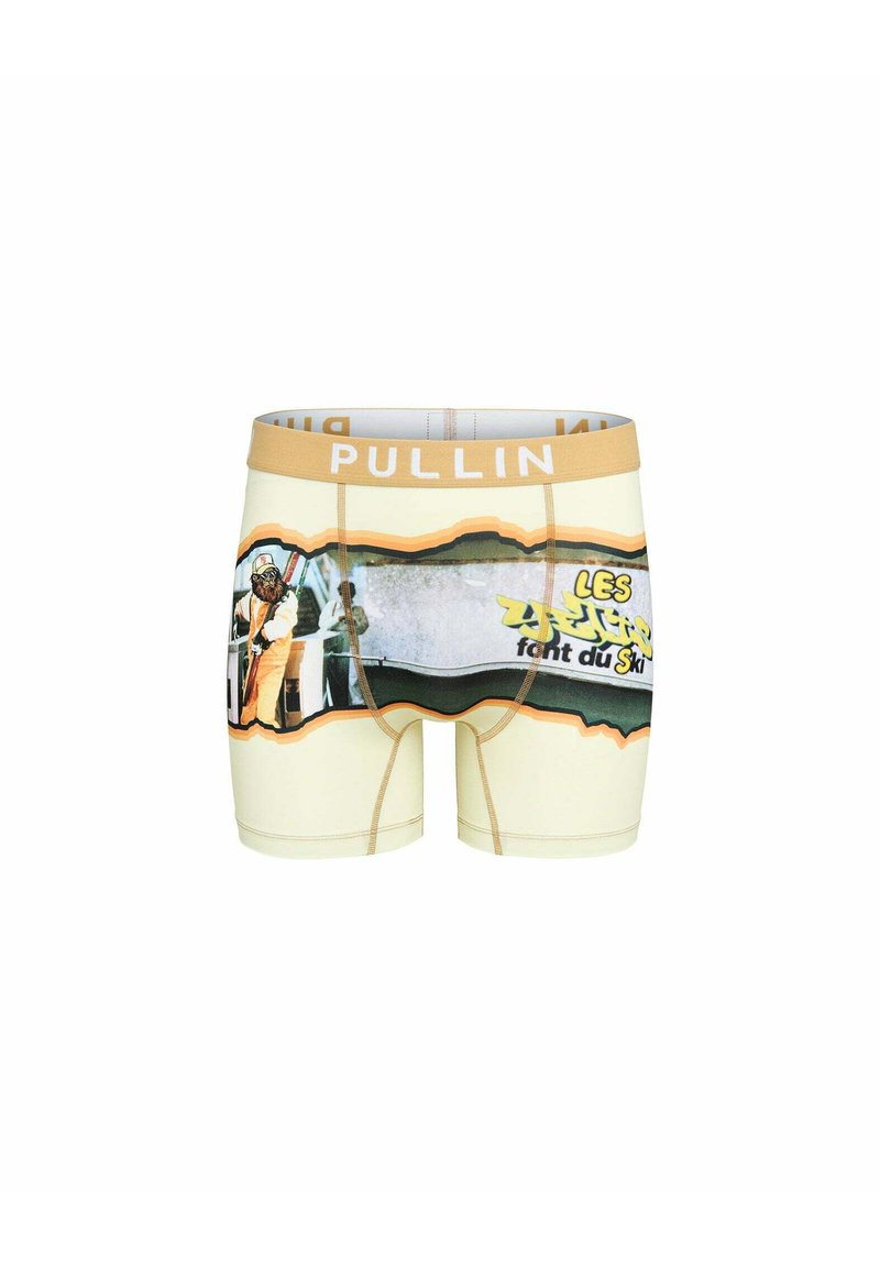 Caleçons beiges avec une impression graphique de skieurs à l'avant, dotés d'une ceinture élastique jaune portant le label "PULLIN". Texture lisse.