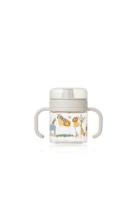 Transparent glass sippy cup with animal illustrations, soft beige handles, and a matching lid. Diameter is wider at the base.