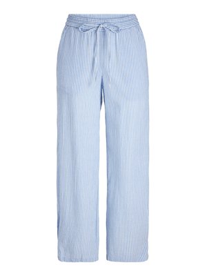 Light blue and white striped wide-leg pants. Featuring an elastic waistband with a drawstring tie. Soft, lightweight material.