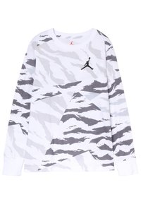 Biały sweatshirt z długim rękawem w szarym wzorze kamuflażu oraz czarnym logo Jumpman na klatce piersiowej. Wykonany z miękkiego materiału bawełnianego.