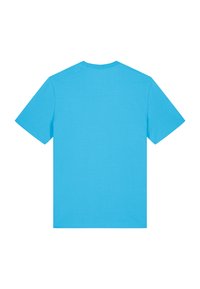Türkises Baumwoll-T-Shirt mit kurzen Ärmeln, Rundhalsausschnitt und einfarbigem Design. Keine zusätzlichen Muster oder Akzente sichtbar.