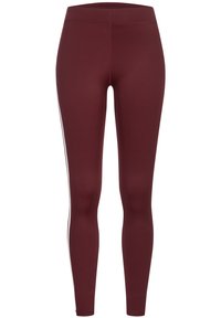 Leggings bordeaux au design ajusté, fabriqués en tissu extensible, avec des rayures blanches sur les côtés et une texture lisse. Pas de matériel visible.