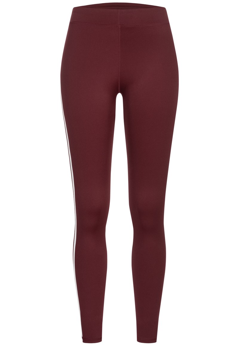Leggings bordeaux au design ajusté, fabriqués en tissu extensible, avec des rayures blanches sur les côtés et une texture lisse. Pas de matériel visible.