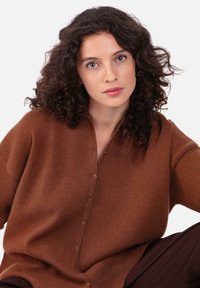 Cardigan marron à boutons, fabriqué en matière douce, doté d'un col en V, d'une coupe décontractée et d'une texture subtile.