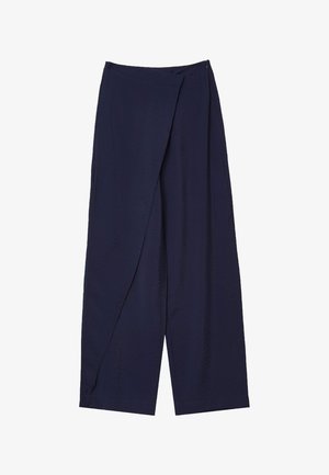 Pantalons large bleu marine en tissu léger avec un design à enroulement frontal. Caractéristiques d'une texture lisse et d'une fermeture éclair latérale invisible.