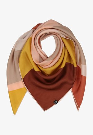 Zijde sjaal in warme tinten van oranje, roze en geel met geometrische kleurvlakken. Het heeft een gladde textuur en een gestikte rand.