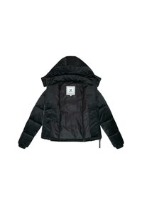 Veste en duvet noire isolée avec capuche, dotée d'une fermeture éclair, de poignets élastiques et d'une doublure intérieure lisse. Étiquette logo visible à l'intérieur.