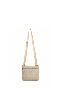 Borsa a tracolla beige con motivo geometrico, materiale in tessuto, tracolla regolabile e tasca anteriore con zip per una maggiore comodità.