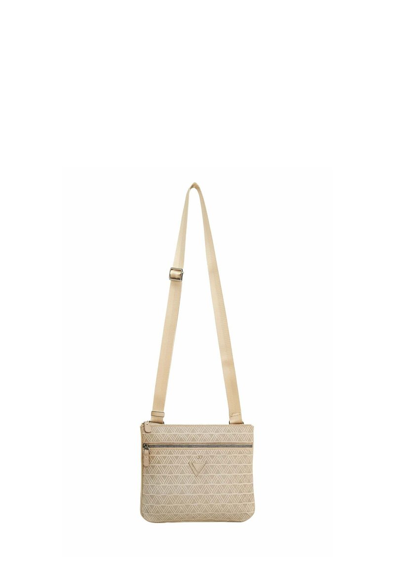 Borsa a tracolla beige con motivo geometrico, materiale in tessuto, tracolla regolabile e tasca anteriore con zip per una maggiore comodità.