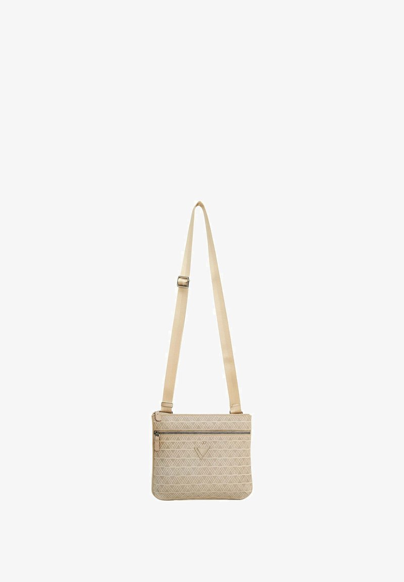 Borsa a tracolla beige con motivo geometrico, materiale in tessuto, tracolla regolabile e tasca anteriore con zip per una maggiore comodità.