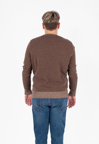 Maglione marrone, textured con maniche lunghe e orlo a coste neutro, abbinato a jeans in denim blu. La vista posterior mostra un classico design a girocollo.