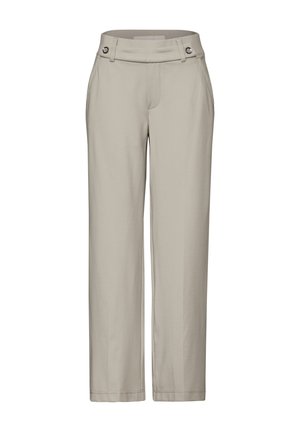 Beige gerade geschnittene Hose mit flachem Bund, zwei Fronttaschen und zwei Metallknopf-Akzenten am Bund. Glatte Textur.