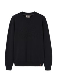 Granatowa bluza z teksturowanymi literami, dekolt w serek, ściągacze przy rękawach i na dole. Posiada małą brązową metkę na bocznej stronie u dołu.