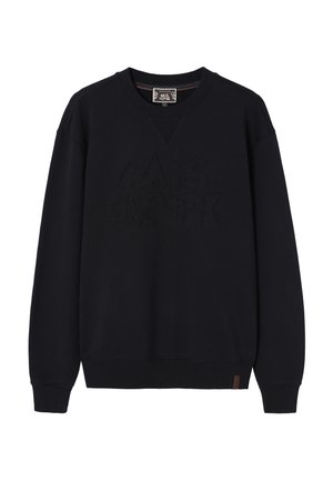 Laivastonsininen collegepaita kohokuvioisella kirjailulla, V-kaula-aukolla, resorihihoilla ja -helmalla. Alareunassa pieni ruskea merkki.