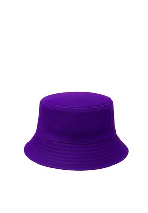 Purple cotton bucket hat with stitched brim and cylindrical crown, isolated on white background.