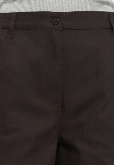 Dark brown trousers with a smooth texture, featuring a button closure, side pockets, and a tailored fit along the leg.