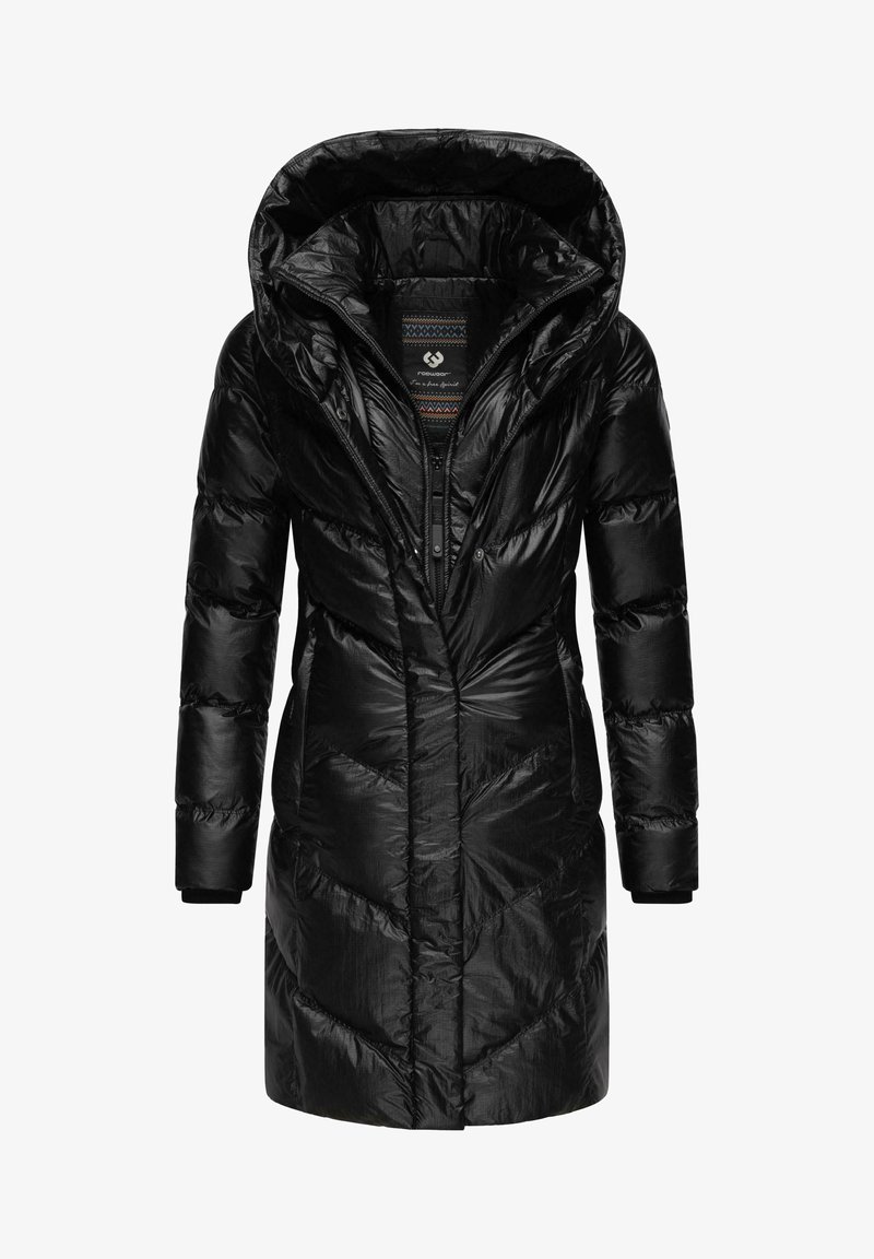 Black puffer coat featuring a large hood, sleek shiny texture, chevron pattern, mid-length design, and zippered front with accent colors inside.