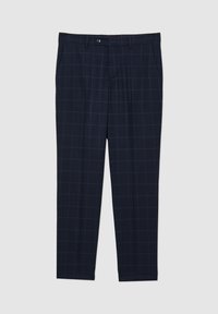Marineblaue Hosen mit einem subtilen Karomuster, aus gewebtem Stoff. Verfügt über seitliche Taschen und einen Knopfverschluss in der Taille.