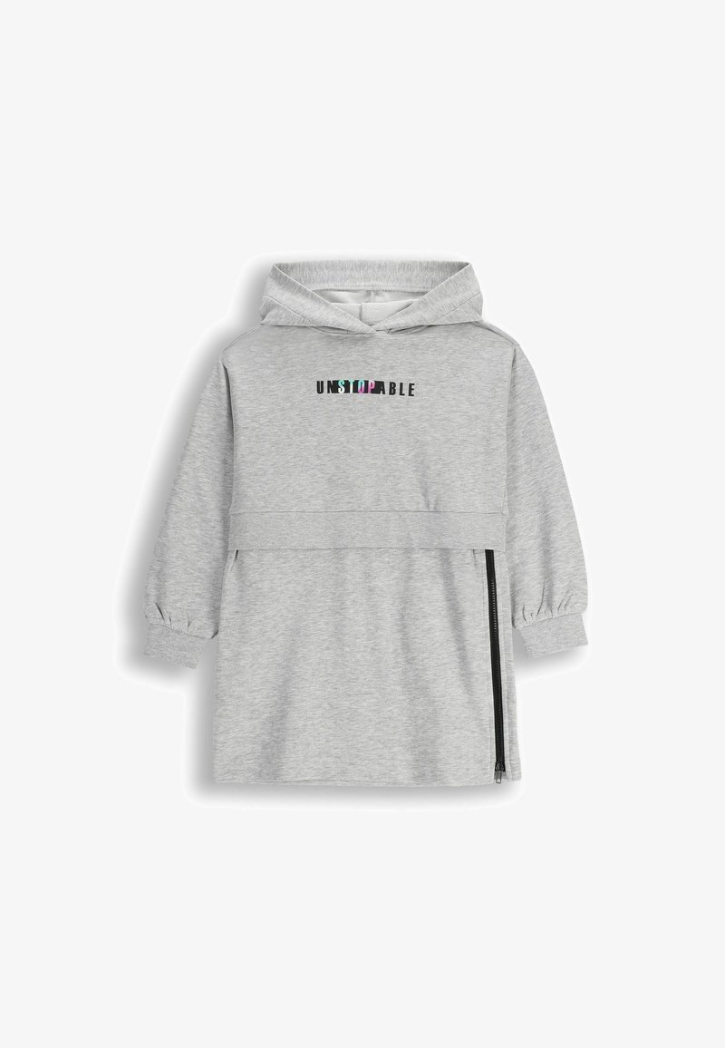 Szara sukienka-sweterek z kapturem, z długimi bufiastymi rękawami, z przednim zamkiem i napisem "UNSTOPPABLE" w wielokolorowych literach.