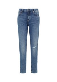 Jeans droite en denim bleu clair avec une finition légèrement délavée. Dotés de déchirures effilochées sur le devant pour un look usé.