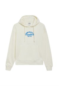Hoodie di colore crema con tasca frontale, cappuccio con cordino e testo stampato blu "Club Athletic Since 1948" sul petto. Tessuto morbido.