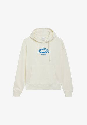 Felpa crema con tasca frontale, cappuccio con cordoncino e testo grafico blu. Etichettata "GARELLO ATHLETIC CAMPS diadora SINCE 1948." Tessuto morbido.