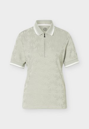 Polo de manga corta color gris claro con un sutil patrón de hojas de palma, cierre frontal con cremallera y cuello y puños de manga con rayas blancas.